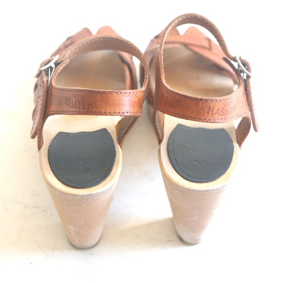 Size 7 (37) - SWEDISH HASBEENS Women's Tan Leather Peep Toe Heel Clog Sandals - Picture 5 of 7